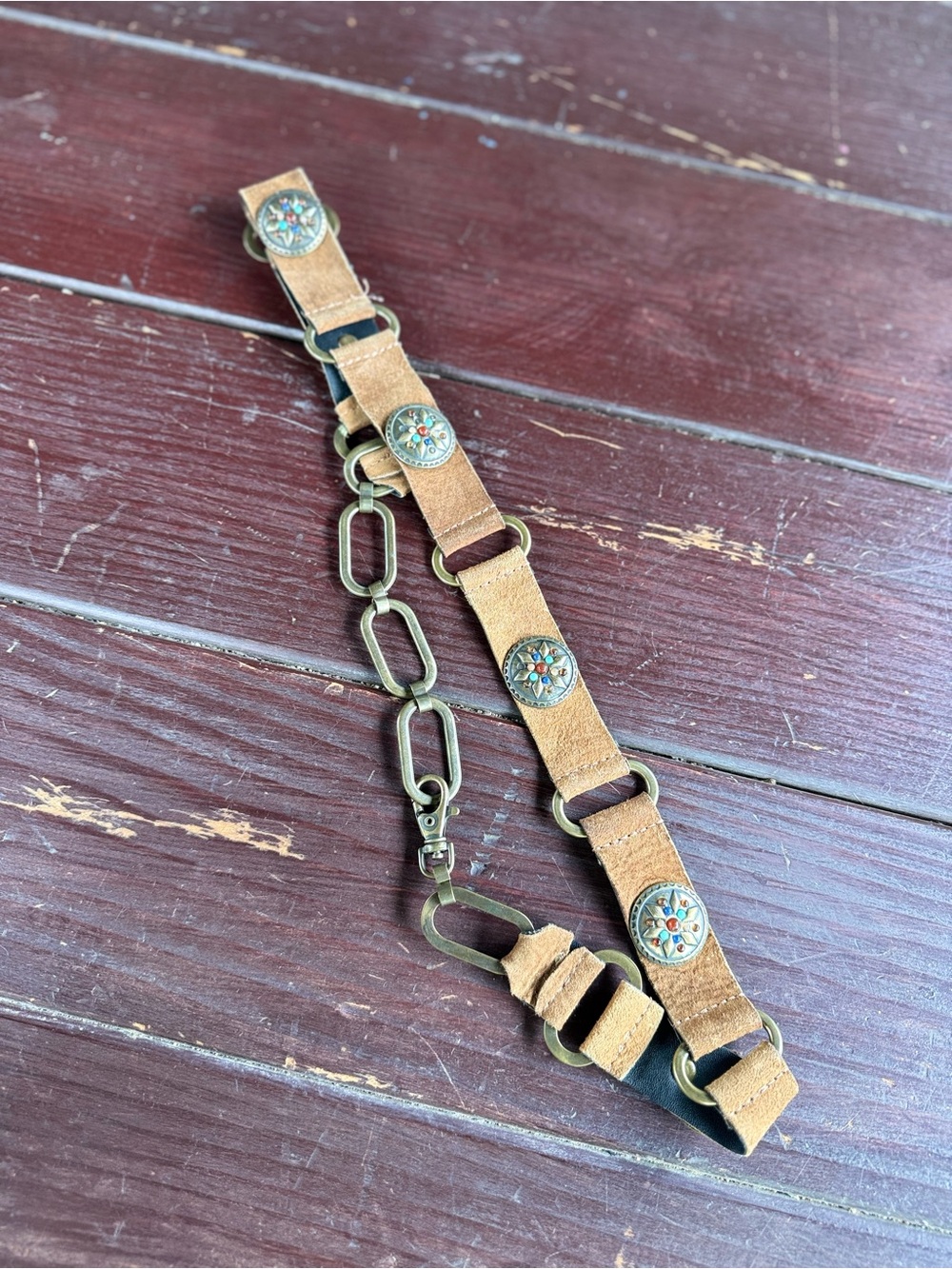 Steve Madden Vintage Suede and Brass Chain Link Concho Belt